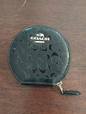 Coach Black Embossed Paten Leather Round Zip Coin Pouch